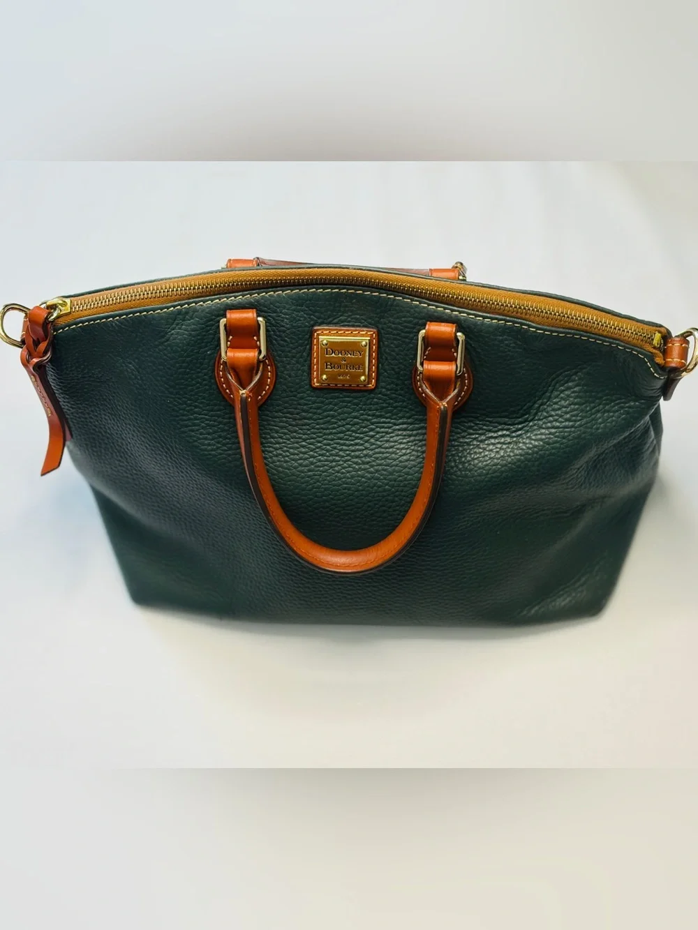 Dooney & Bourke Dillen Green Pebbled Leather Satchel with Brown Trim
